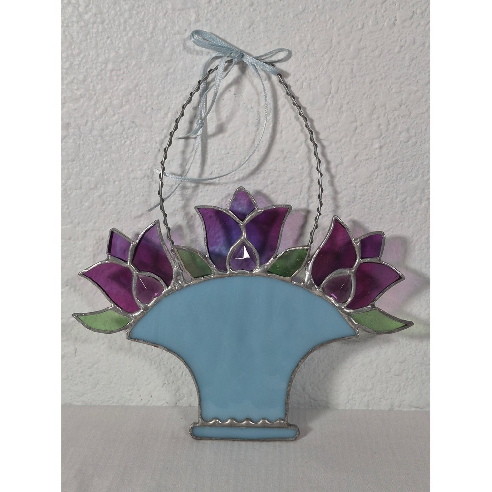 Vintage Stained Glass Tulip Flower Basket Suncatcher Purple Blue Wall Hanging